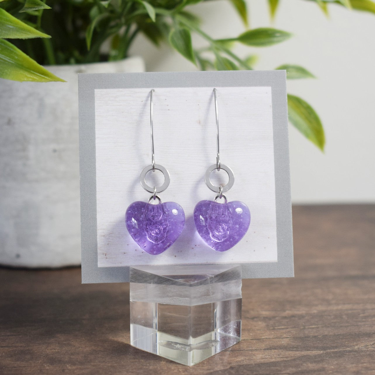 Boucle d'oreille Rond - Coeur Mauve néon transparent