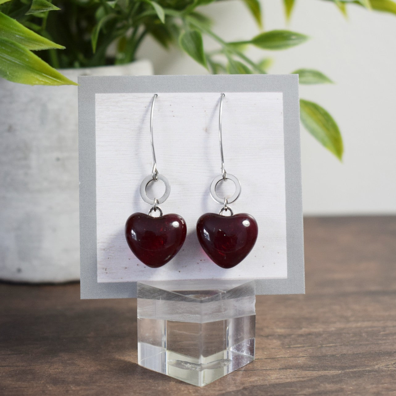 Boucle d'oreille Rond - Coeur rouge transparent