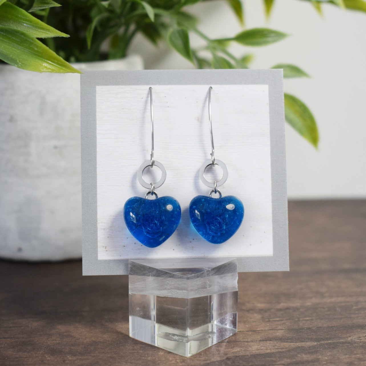 Boucle d'oreille Rond - Coeur bleu aqua transparent