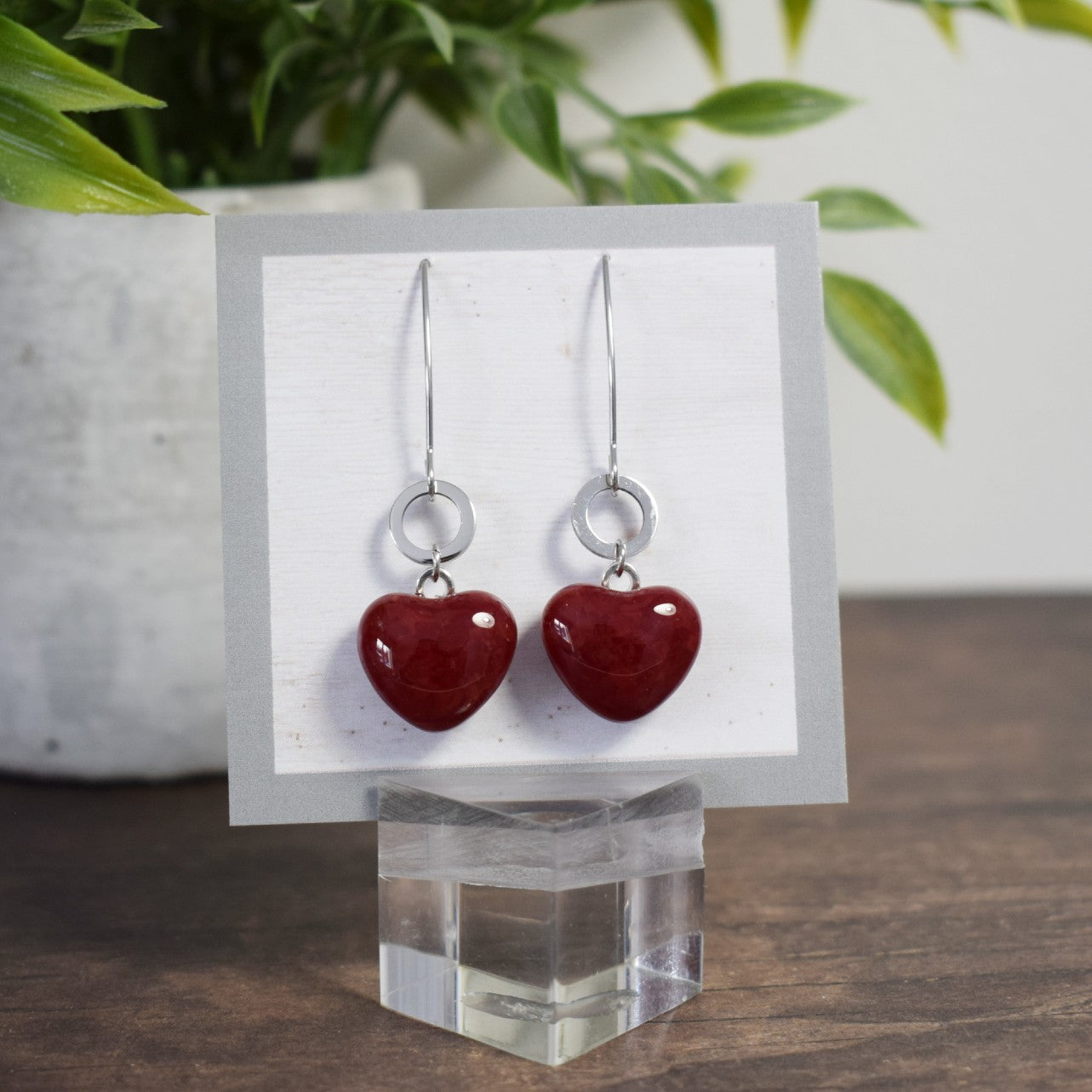 Boucle d'oreille Rond - Coeur Rouge foncé