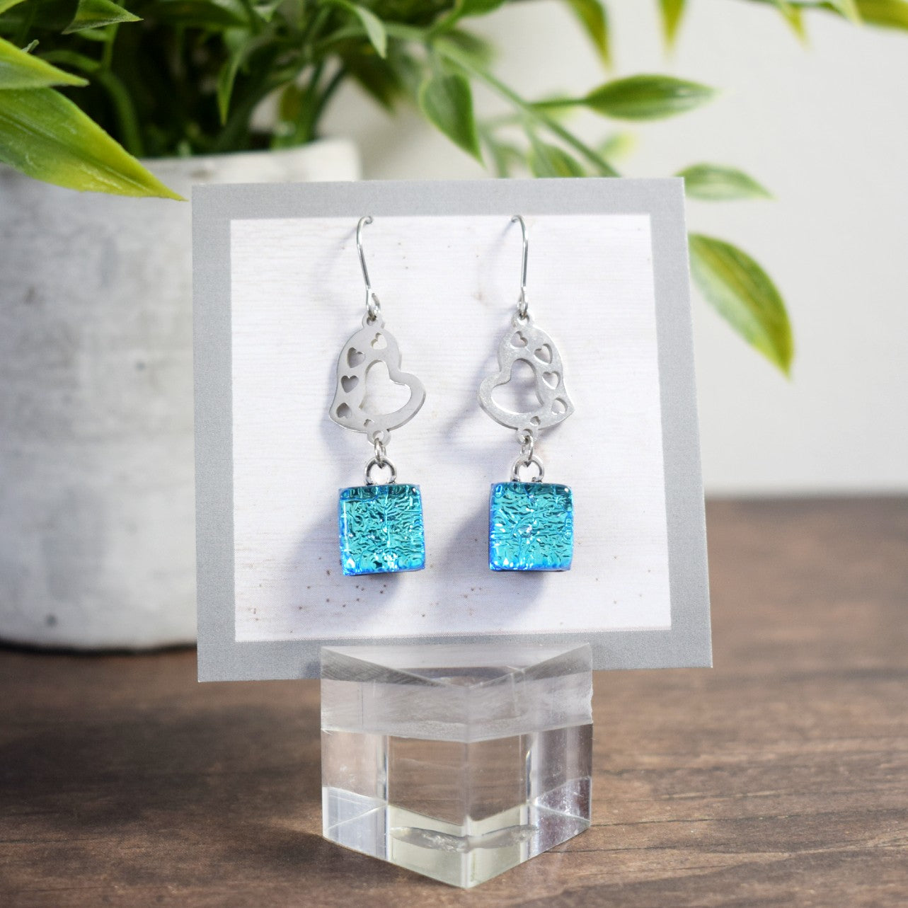 Boucle d'oreille Coeur - Brillant bleu carré